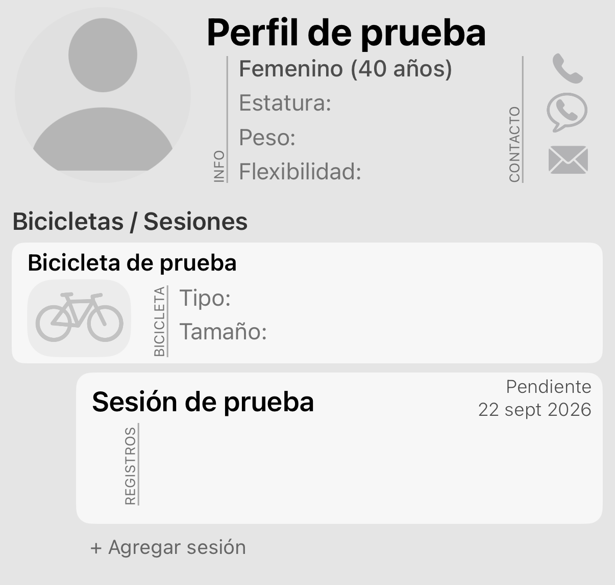 La página del ciclista. Cada bicicleta está debajo del ciclista, y cada sesión debajo de la bicicleta con la que se hizo.