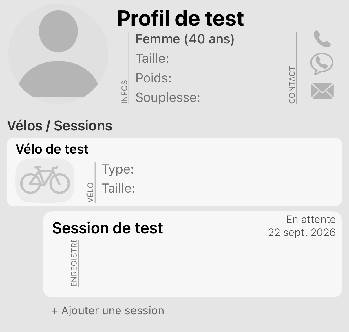 La page du cycliste. Chaque vélo se trouve sous le cycliste, et chaque session sous le vélo avec lequel elle a été faite.
