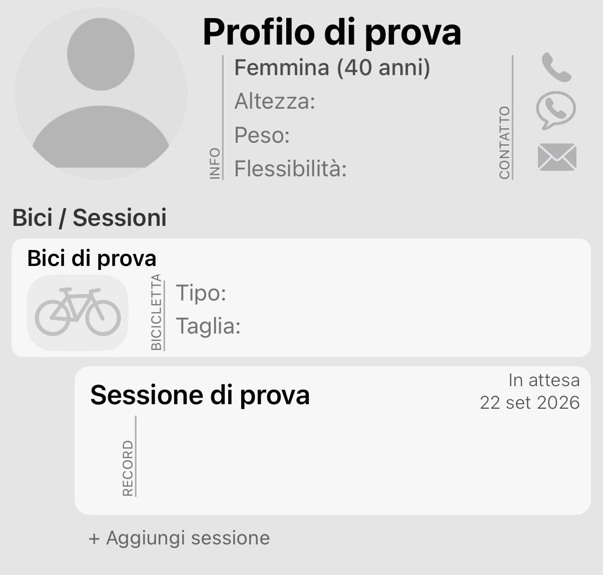 La pagina del ciclista. Ogni bici sta sotto il ciclista, e ogni sessione sotto la bici con cui è stata fatta.