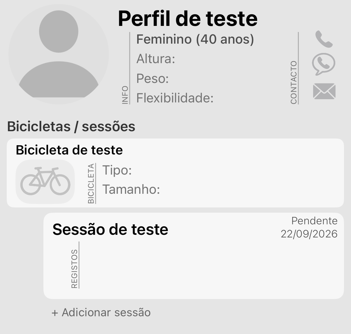 A página do ciclista. Cada bicicleta fica por baixo do ciclista, e cada sessão por baixo da bicicleta com que foi feita.