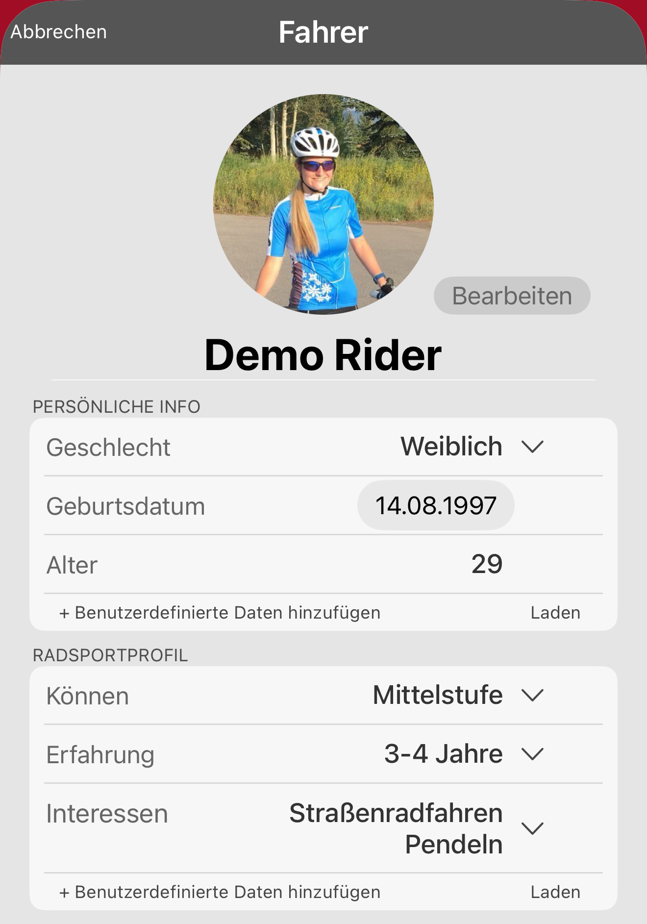 Das Profil von Demo Rider. Dieses Beispiel sollten Sie in Ihrer App haben.