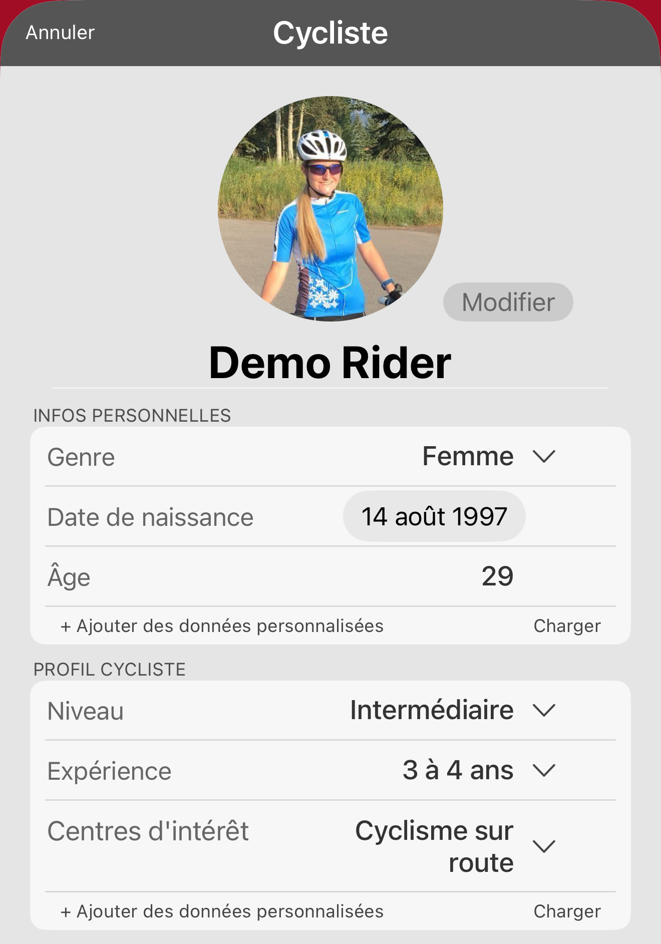 Le profil de Demo Rider. Tu devrais avoir cet exemple dans ton app.