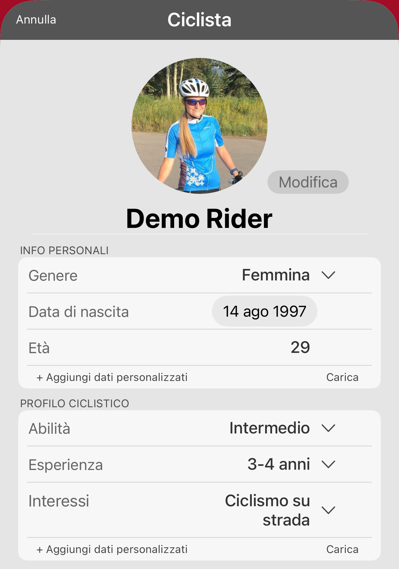 Il profilo di Demo Rider. Dovresti avere questo esempio nella tua app.