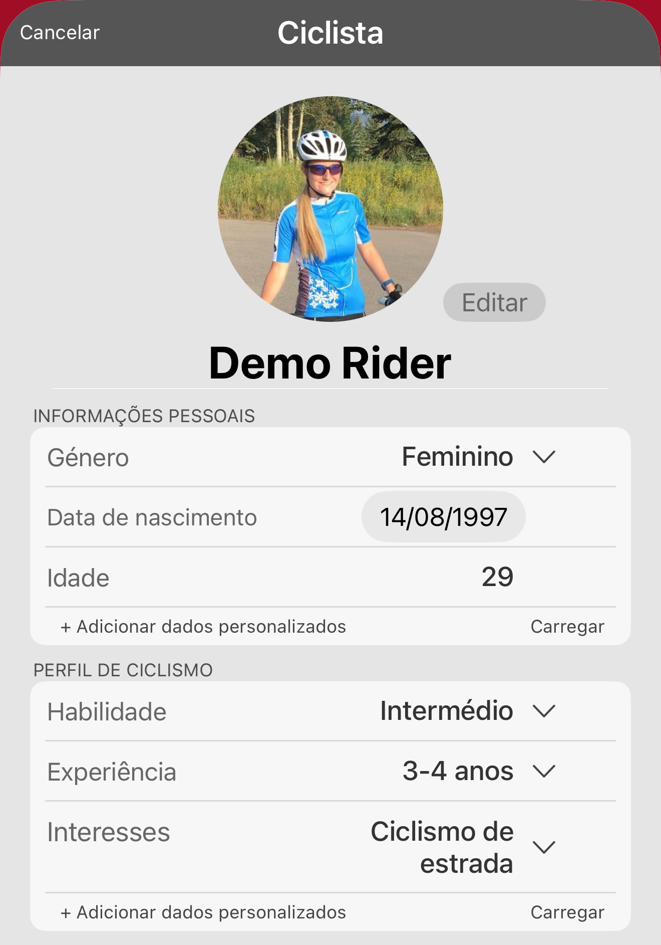 O perfil do Demo Rider. Deves ter este exemplo na tua app.