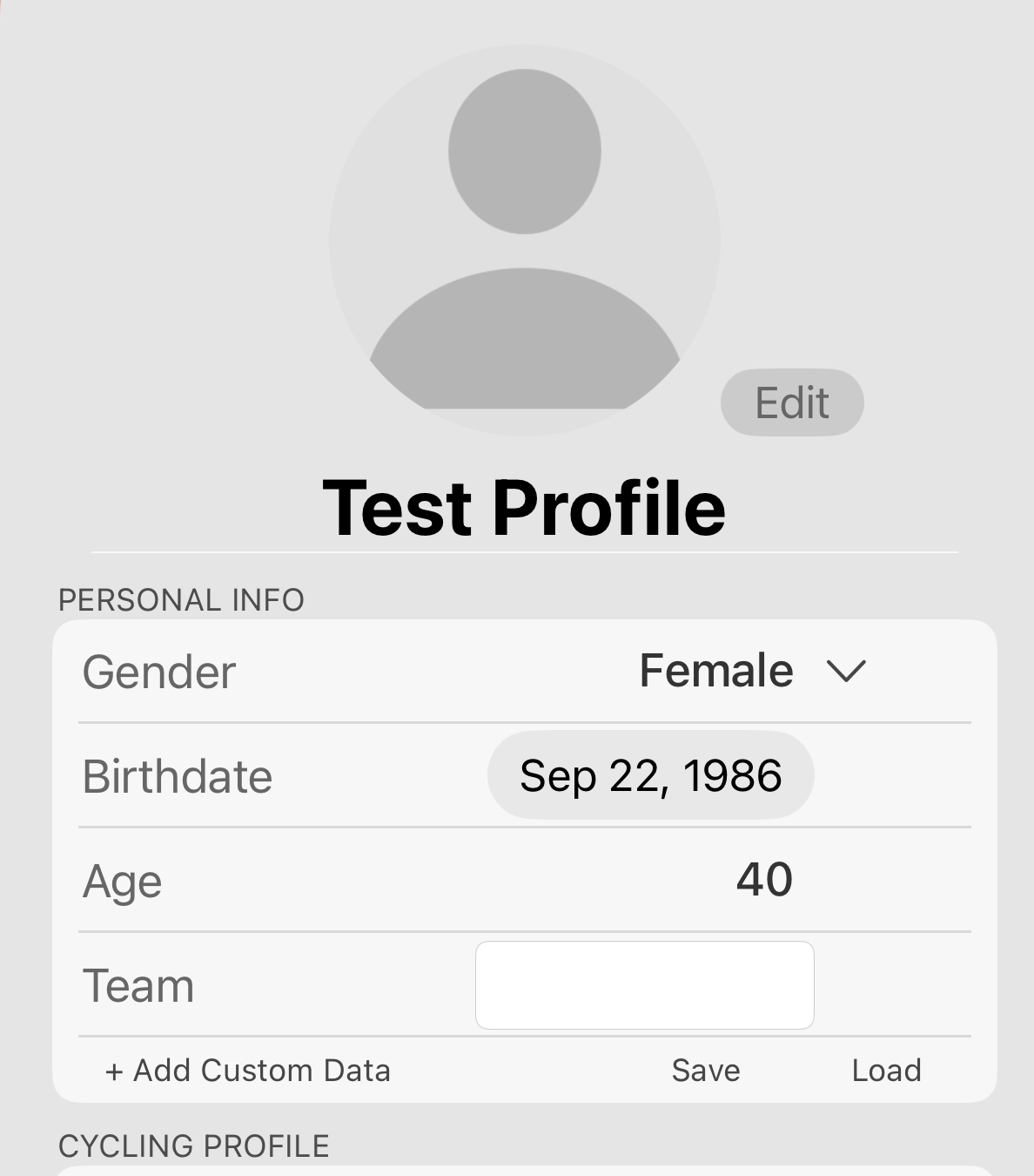 A test profile with a custom field, Team, added under Personal Info. Save turns the block's fields into a template.